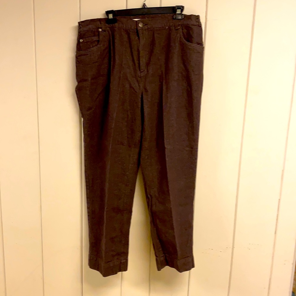 Brown bootcut jeans.